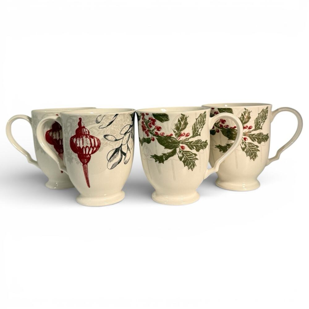 Lenox Vintage Jubilee Mug Set Red Ornament Christmas Coffee Tea Lot of 4 Cups